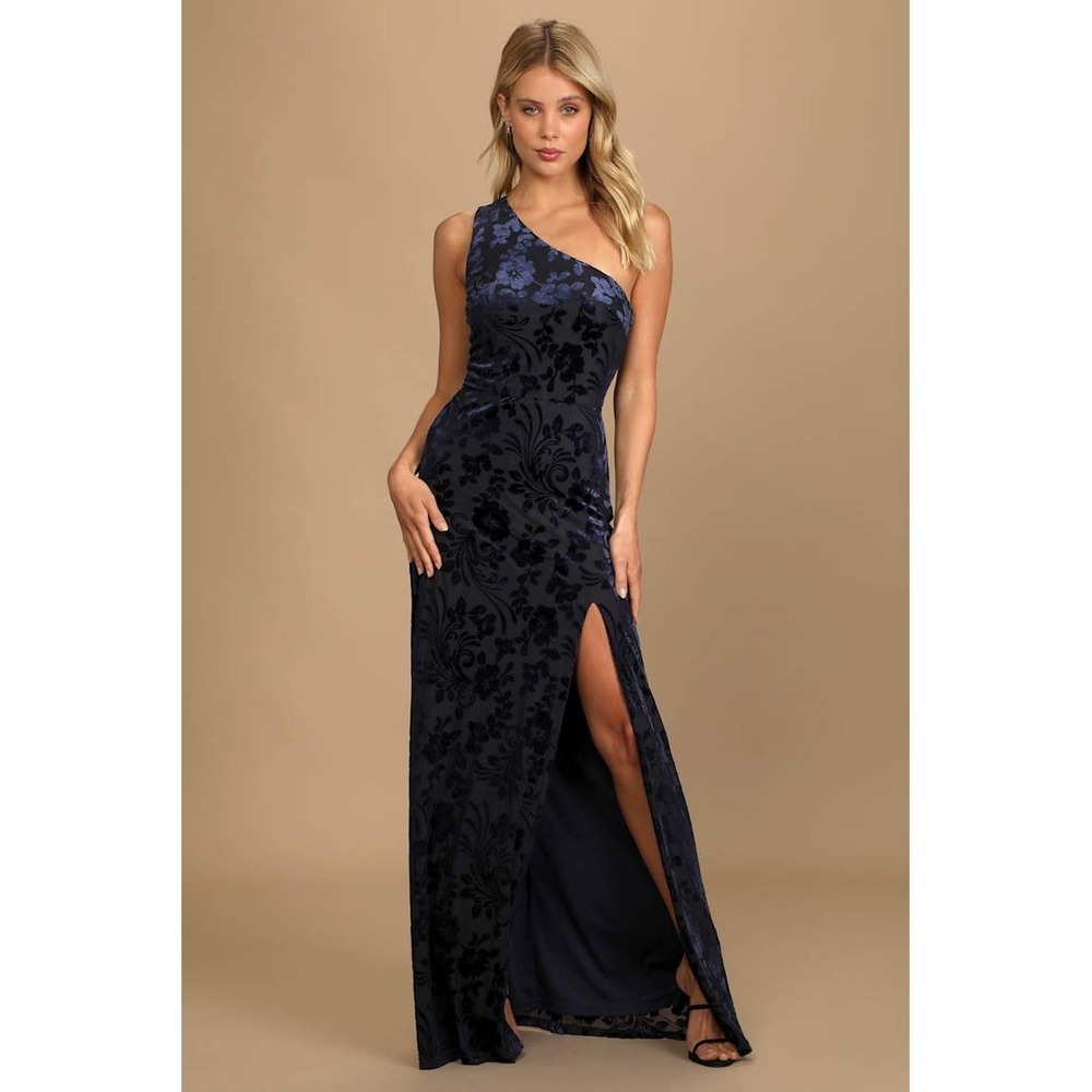 Lulus Marvelous Moi Navy Blue Burnout Velvet One Shoulder Maxi Dress Floral Slit